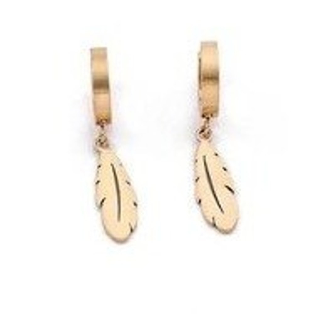 Gold Feather‎ Dangle Huggie Hoop Earrings Stainless Steel Real Gold Plated Boho